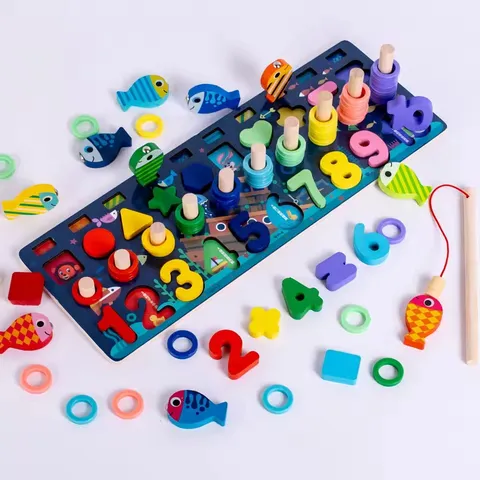 Wooden Montessori Puzzle – Numbers, Letters & Fishing Game | 2025-4