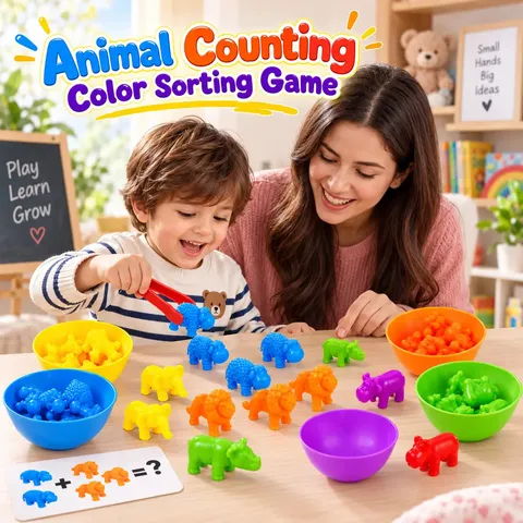Animal Counting, Color Sorting & Matching Game with Rainbow Bowls