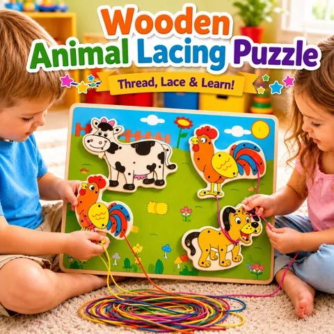 Wooden Animal Lacing Puzzle – Threading & Matching Toy for Kids (Random Animals) | 2025-34