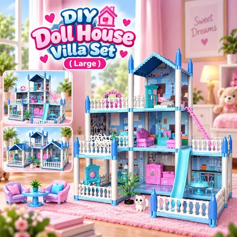 DIY Doll House Villa Set For Kids - Blue