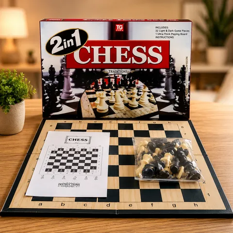 2 in 1 Chess & Draughts Wooden Board Game Set for Kids & Family (1258)